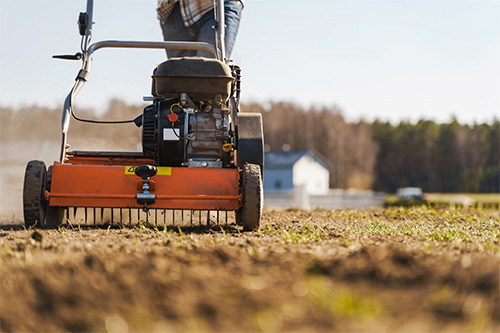 A person aerating their lawn